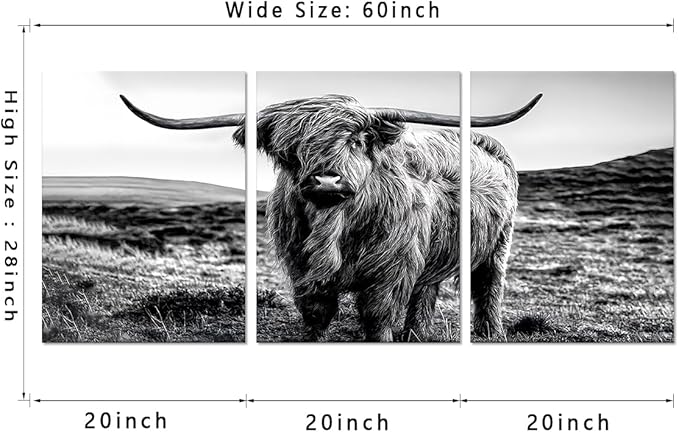 Funny Highland Cow Canvas Wall Art Vintage Farmhouse Cow Picture for Bathroom Wall Decor Black and White Animal Print Artwork for Country House Living Room Bedroom Decoration 20x28inchx3pcs