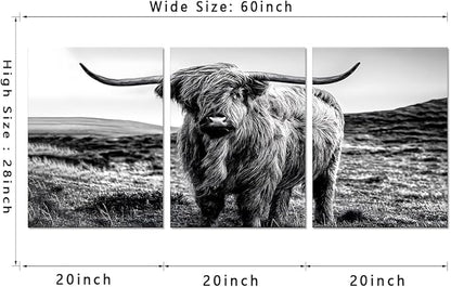 Funny Highland Cow Canvas Wall Art Vintage Farmhouse Cow Picture for Bathroom Wall Decor Black and White Animal Print Artwork for Country House Living Room Bedroom Decoration 20x28inchx3pcs