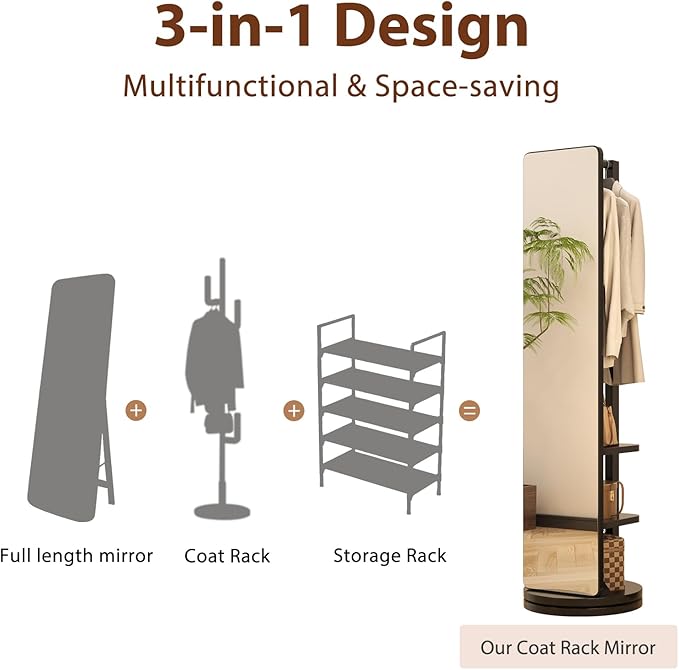 WoodsWhisper Full Length Mirror Coat Rack Solid Wood Floor Mirror 70"x16" Full Length Mirror with Stand Long Mirrors for Bedroom,Living Room (Black, 70" L x 16" W)