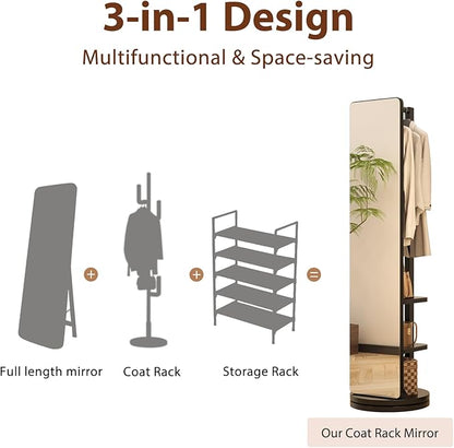 WoodsWhisper Full Length Mirror Coat Rack Solid Wood Floor Mirror 70"x16" Full Length Mirror with Stand Long Mirrors for Bedroom,Living Room (Black, 70" L x 16" W)