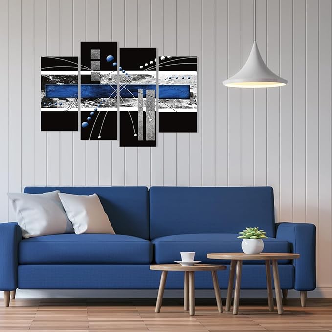 YPY Large Black Blue Canvas Wall Art - 4 Panels Modern Abstract Picture Set for Home Decoration - Contemporary Painting Artwork Ready to Hang Living Room Bedroom W48 x H36