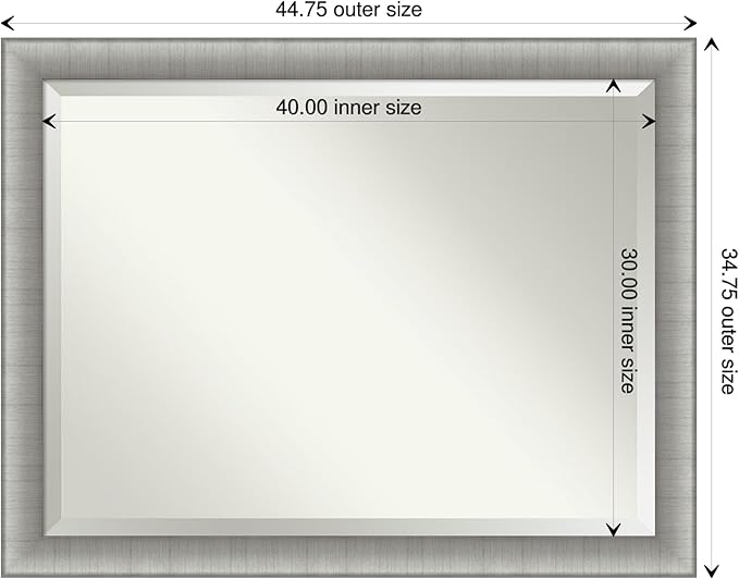 Amanti Art Silver Bathroom Mirror for Over Sink, 35x45 Elegant Brushed Pewter Rectangle Vanity Mirror, X-Large Casual Frame, Hangs Horizonally and Vertically, Bathroom Wall Decor, Beveled Edge