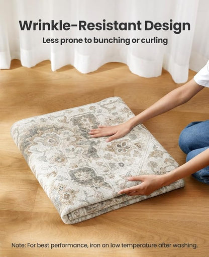 AMADA HOMEFURNISHING 9x12 Washable Area Rug, Low-Profile with Non-Slip Backing & Durable Edge Binding, Vintage Large Rugs for Living Room, Bedroom, Dining Room, Brown