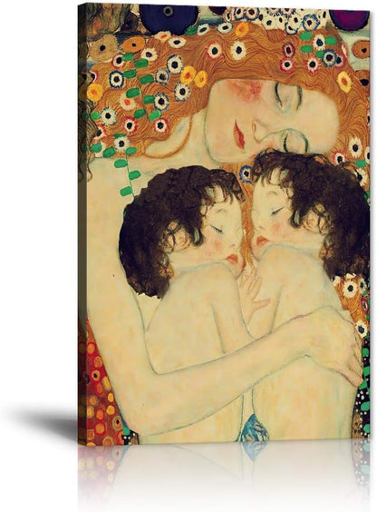 Mother Love Twin Baby Canvas Paintings Wall Art Decor for Living Room Gustav Klimt Nordic Style Posters Printing Pop Art Pictures Stretched and Framed Ready to Hang Home Decoration(24''W x 36''H)