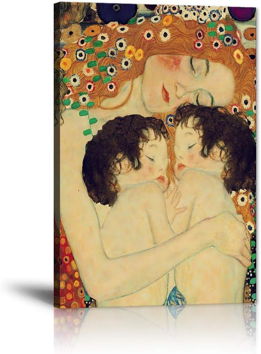 Mother Love Twin Baby Canvas Paintings Wall Art Decor for Living Room Gustav Klimt Nordic Style Posters Printing Pop Art Pictures Stretched and Framed Ready to Hang Home Decoration(24''W x 36''H)
