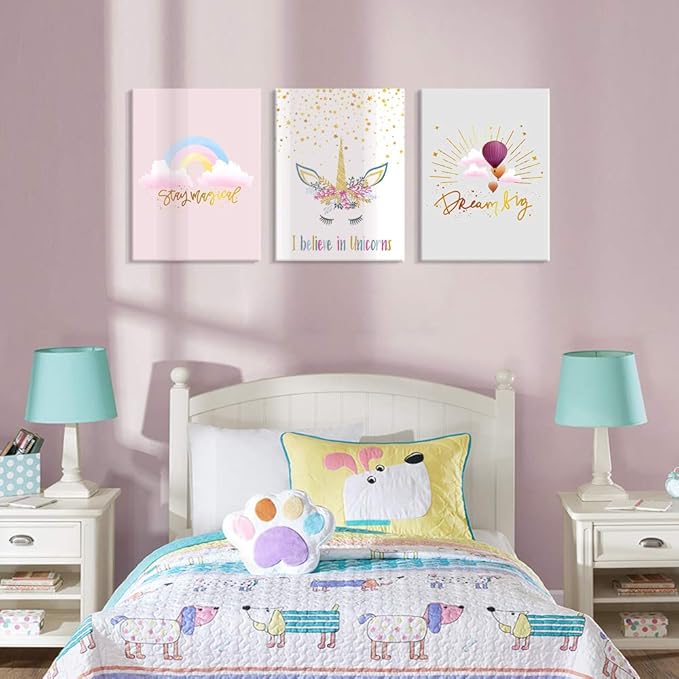 3 Pieces Unicorn Decor for Girls Room Princess Room Decor Rainbow Pink Toddler Girl Room Decor Canvas Prints Motivational Colorful Hot Air Balloon Cartoon Unicorns Framed Pictures for Teen Girl Women Nursery Bathroom Decor 12"x16"(30x40cm)