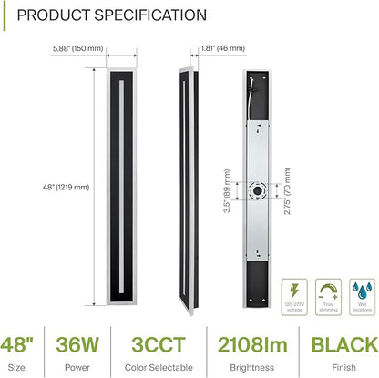 ASD LED 48" Long Wall Mount Light Fixture, Outdoor & Indoor Linear Sconce | 3CCT, Dimmable, Waterproof, Anti-Rust, ETL Listed | 36W 2100LM 3000-5000K 100-277V | Exterior Porch Lighting | Black