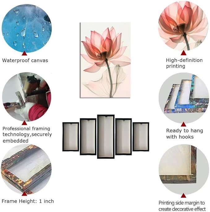 Wall HDQ Pink Lotus Wall Art Blooming Flowers Picture Elegant Floral Painting Canvas Print Framed Modern Bathroom Living Room Decor Framed Ready to Hang
