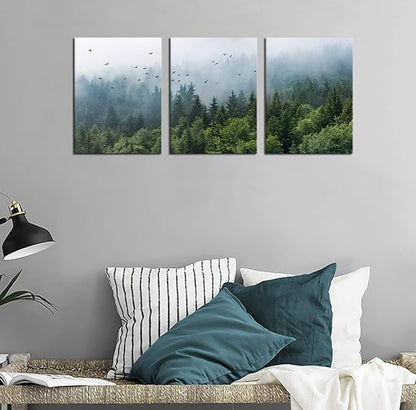 Green Forest Wall Art Tropical Foggy Forest Mountain Bird Contemporary Canvas Pictures Modern Artwork Framed for Bathroom Bedroom Nursery Living Room Home Office Kitchen Wall Decor 12" x 16" 3 Pieces