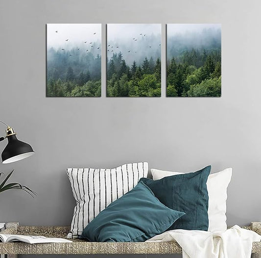 Green Forest Wall Art Tropical Foggy Forest Mountain Bird Contemporary Canvas Pictures Modern Artwork Framed for Bathroom Bedroom Nursery Living Room Home Office Kitchen Wall Decor 12" x 16" 3 Pieces