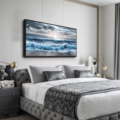 ERQINHUA Large Canvas Wall Decor For Bedroom Wall Art For Living Room Office Decor Blue Beach Sea Wave Paintings Sunrise Ocean Seascape Wall Pictures Artwork Modern Home Decor Black Frame 24x48 In