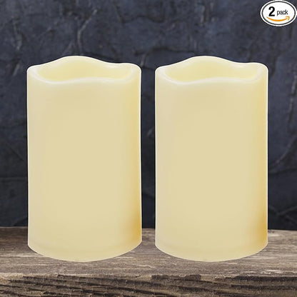 iZAN Outdoor Indoor Flameless Candles with Timer Waterproof Plastic Realistic Flickering Battery Operated LED Pillar Candles Long Lasting 1500 Hours Battery Life 3x5 inch Waved Edge 2-Pack