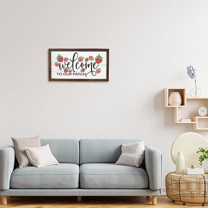 Strawberry Welcome Sign, Rustic Hanging Wood Signs, Wall Decor Art, Farmhouse Home Garden Yard Decors, Wooden Framed Wall Decor, Welcome to Our Patch Sign 15×7.5×0.3 inches