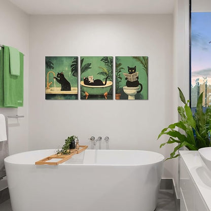 Funny Bathroom Black Cat Wall Art Set of 3, Whimsical Animal Bathroom Wall Decor Painting Maximalist Quirky Dark Pet Cat Toilet Canvas Poster Prints Aesthetics, Framed 16x24 inch