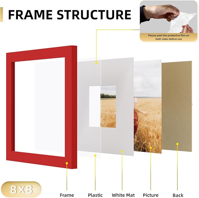 YESKAY 8x8 Picture Frame Set of 9, Photo Gallery Wall Frame Set, Display Pictures 4 x 4 with Mat or 8x8 Without Mat, Square Frame Picture Frames Collage Wall Decor, Red