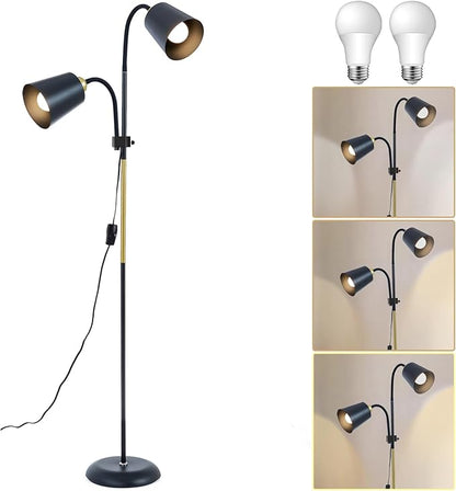 Floor Reading Lamp, Industrial Metal Floor Lamps for Living Room with Adjustable Bendable, 2 in 1 Reading Table Lamps for Living Room Bedroom Office, 12W Bulb Included (Black-2 Heads)