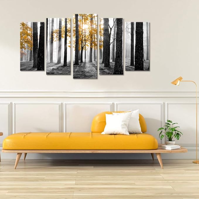 Visual Art Decor Large 5 Pieces Forest Landscape Wall Art Yellow and Gray Forest Wall Art Sunshine Foggy Forest Picture Framed Artwork Ready to Hang, 60inchx32inch