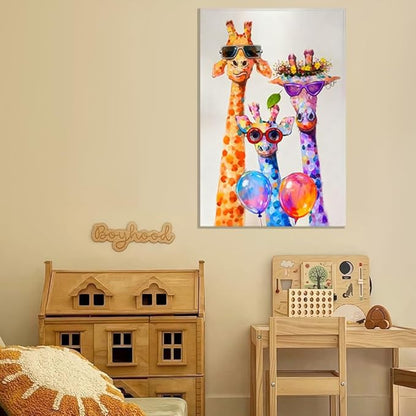 16x24 Graffiti Giraffe Family Canvas Wall Art, Colorful Framed Animal Prints with Sunglasses & Balloon, Funny Lovely Artwork for Kids, Teen Boys Girls, Nursery Bedroom & Living Room Home Decor