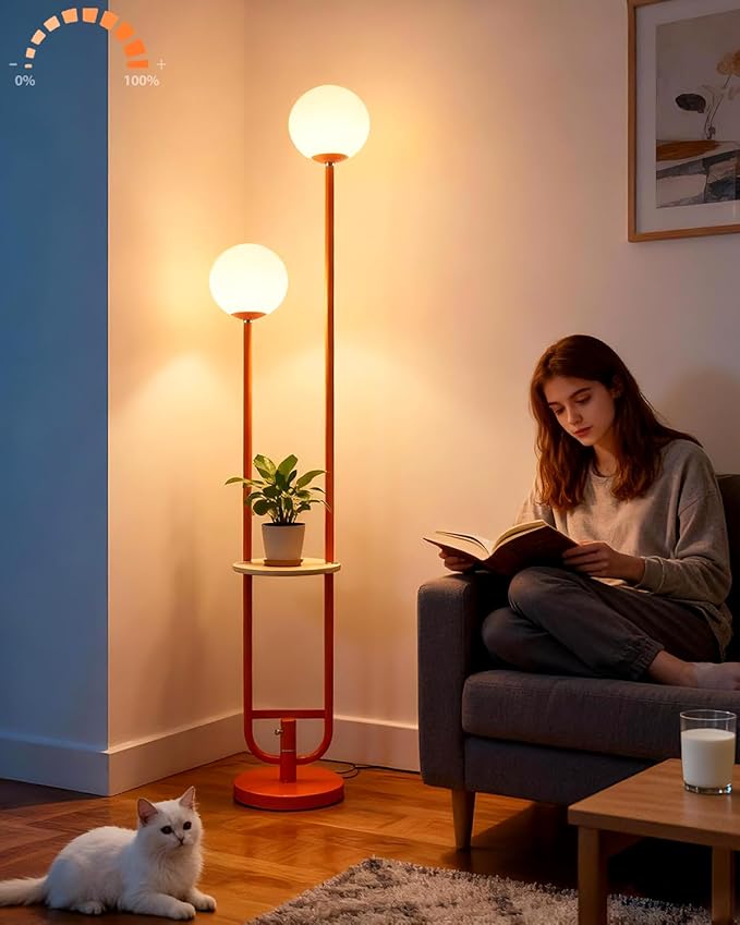 Lightdot 63IN Orange Floor Lamp 2 Globe Mid Century Standing Lamps with Bulbs Included Unique Vintage Dimmable Tall Floor Lamp with 5Lbs Heavy Base for Living Room/Wedding/Sofa Beside/Corner Decor