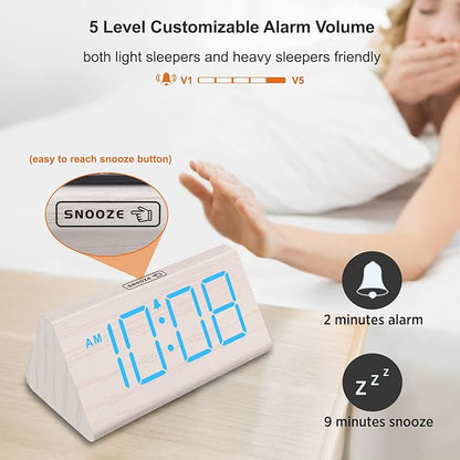 DreamSky Wooden Digital Alarm Clocks for Bedrooms - Electric Desk Clock with Large Numbers, USB Port, Loud Alarm for Heavy Sleepers, Adjustable Volume, Dimmer, Snooze, DST, Wood Décor, Adapter Powered