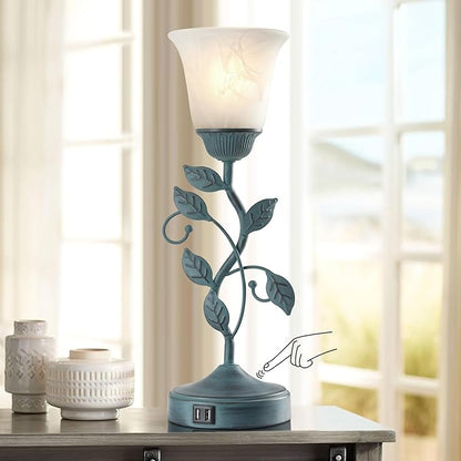 Vintage Touch Table Lamp for Living Room, 3-Way Dimmable Nightstand Lamp with 2 USB Ports, Farmhouse Rustic White Glass Shade Leaf Desk Lamp for Bedroom End Table, LED Bulb Included