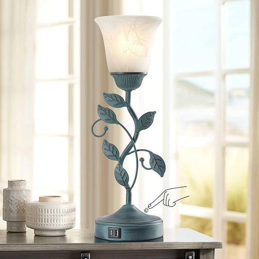 Vintage Touch Table Lamp for Living Room, 3-Way Dimmable Nightstand Lamp with 2 USB Ports, Farmhouse Rustic White Glass Shade Leaf Desk Lamp for Bedroom End Table, LED Bulb Included
