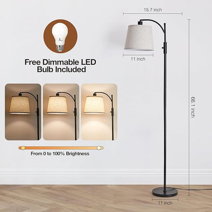 AIDENOEY Fully Dimmable Floor Lamp for Living Room，Standing Lamp Rotary Switch with Linen Beige Shade，Black Tall Lamps for Bedroom with Adjust Head，9W LED Bulb Included