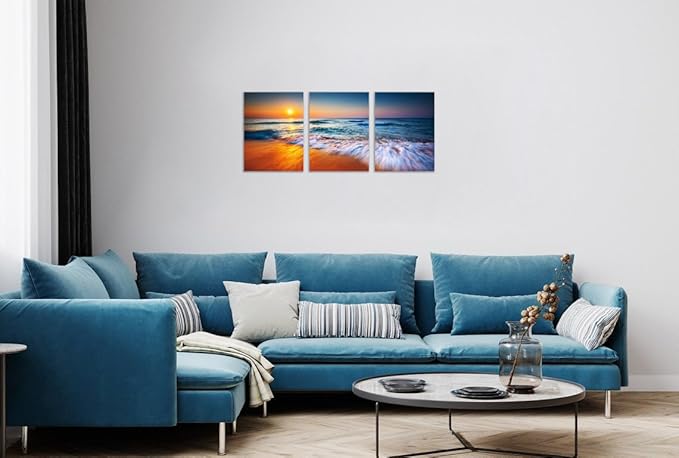 TutuBeer 3 Pcs Ocean Pictures Beach Pictures Beautiful Sunrise over the Sea Picture Print on Canvas Wall Decor Beach Picture Ocean Wall Art Stretched and Framed 12" x 16" x 3 Pcs