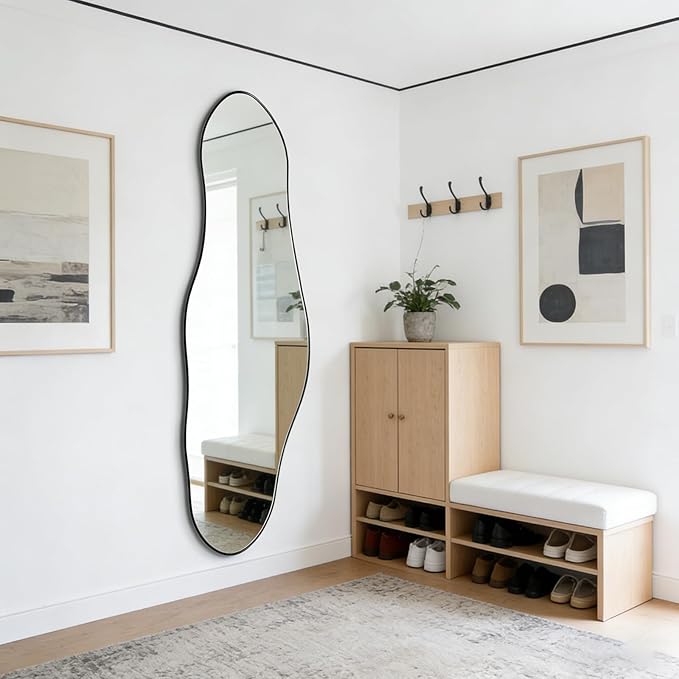 Irregular Mirror Full Length, 63"x22.5" Large Asymmetrical Mirror with Black Metal Frame, Abstract Wall Mirrors for Living Room Bedroom Hallway Entryway, Hangs Vertically or Horizontally