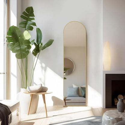 Arched Mirror Full Length, Upgraded 16"x59" Body Wall Mirrors with Shatter-Proof Glass, Floor Standing, Hanging or Leaning, Tall Arch Mirror with Stand Aluminum Alloy Frame for Bedroom, Gold