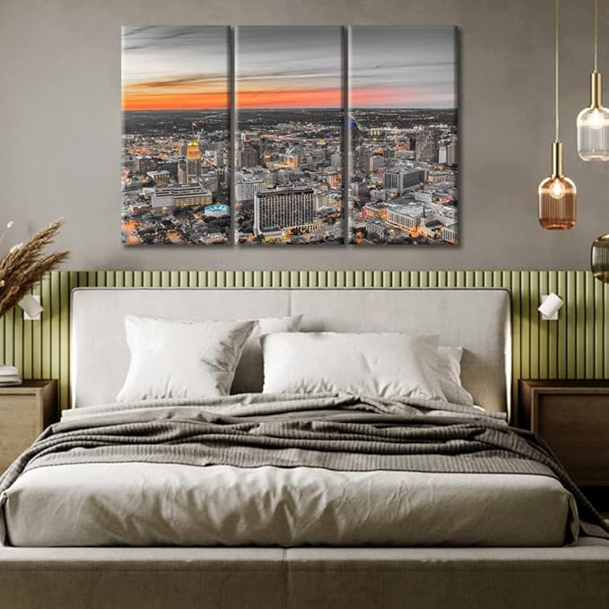 TUMOVO 3 Panel San Antonio Texas USA Skyline Black and White Wall Art City Skyline Pictures Wall Decor for Living Room Skyscrapers Wall Decor for Bedroom Framed Ready to Hang (36" Wx24 H)