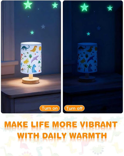 Dinosaur Lamp, Dinosaur Room Decor for Boys, 3 Level Dimmable Wood Nightstand Desk Base Flaxen Fabric Shade for Bedroom Living Room, Dino Gifts for Boys