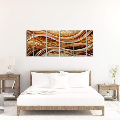 Yihui Arts 6-Piece Handcrafted Aluminum Abstract Wall Art, Modern Metallic Gold Silver Wavy Lines Panel Painting, Large Contemporary Home Decor for Living Room Office Hotel