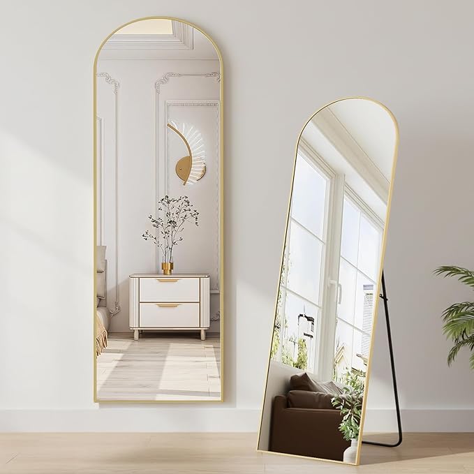 NEWBULIG Arched Mirror Full Length, 56"x15" Body Wall Mirrors with Shatter-Proof Glass, Upgraded Floor Standing Mirror, Hanging or Leaning, with Stand Aluminum Alloy Frame for Home Decor, Gold
