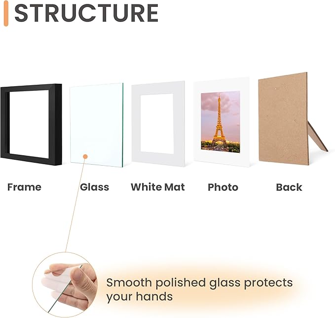 upsimples 8x8 Picture Frame Made of High Definition Glass, Display Pictures 5x5 with Mat or 8x8 Without Mat, Gallery Wall Frame Set, Black