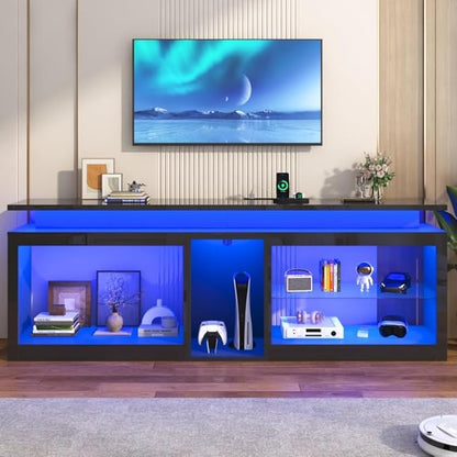 80" LED TV Stand with Power Outlet,60-Colors LED Lights For 80 85 90in TV,High Gloss Gaming Entertainment Center w/Adjustable Shelves,Black TV Console with Modern Design for Living Room Bedroom