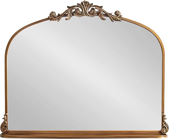 Kate and Laurel Arendahl Traditional Vintage Arch Mirror with Shelf, 33 x 26, Gold, Baroque Antique Arched Wall Mirror with Functional Shelf for Use as Vanity Bathroom Mirror or Cute Nursery Mirror