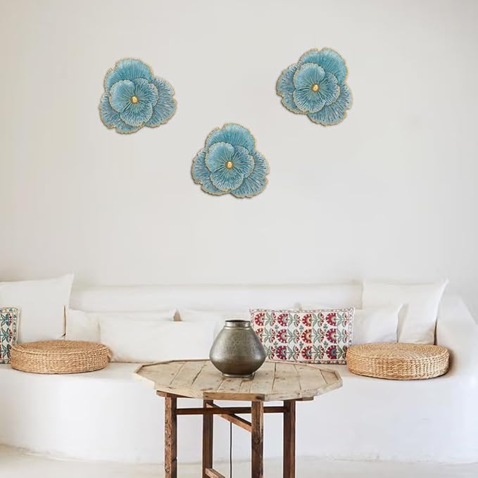 DILATATA 3 Pcs Metal Flower Wall Art Set 10 Inch Rustic Modern Floral Sculpture 3D Metal Flower Wall Hanging Accent for Indoor Living Room Bedroom Kitchen Bathroom Garden Patio Decor - Blue