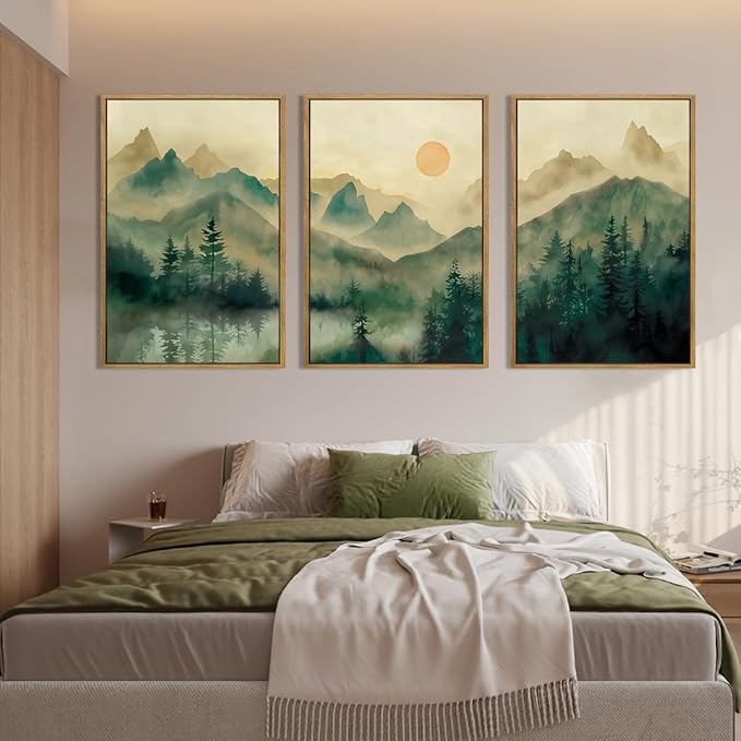 IARTTOP Extra Large Green Forest Wall Art 24x36 Inch Framed Foggy Mountain Canvas Art Prints Nature Landscape Wall Decor for Living Room Bedroom Office Set of 3