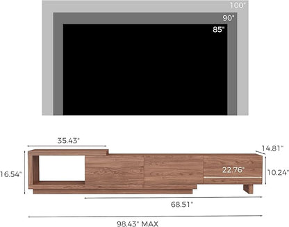 Extendable TV Stand for 65-100 Inches TVs – Walnut Entertainment Console with 3 Drawers & 1 Storage Compartment, Adjustable Length 68.5''-98.4'' (Walnut, 68.5''-98.4'')
