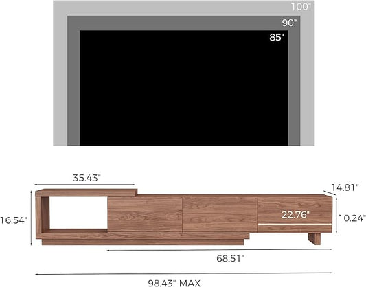 Extendable TV Stand for 65-100 Inches TVs – Walnut Entertainment Console with 3 Drawers & 1 Storage Compartment, Adjustable Length 68.5''-98.4'' (Walnut, 68.5''-98.4'')