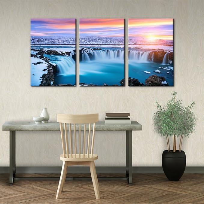 Pacimo 3 Pieces Canvas Wall Art Tropical Waterfall Pastel Sunset Horizon Pictures Prints Nature Landscape Modern Artwork for Walls Painting Home Office Wall Decor Framed Ready to Hang - 16"x24"x3