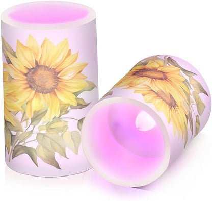 ALAZA Blooming Yellow Sunflowers Flickering Flameless Candles Battery Operated with Remote Timer,Tea Light Candles LED Pillar Votive Candles Set of 2 for Outdoor Indoor Decorations