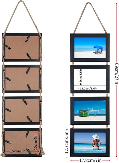 Lavezee 4x6 Hanging Collage Picture Frames Set of 2, Black 8 Opening Horizontal Frame Made to Display 4 x 6 Inch Photo for Wall Decor