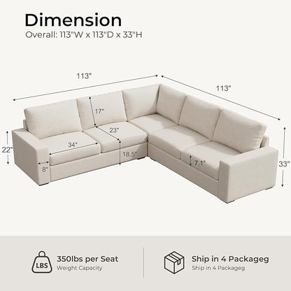 ELUCHANG 113" V-Shaped Modular Sectional Sofa Couch, Modern 5-Seat Comfy Linen Deep Seat Sofa with Corner, Removable Cover, Easy Assembly, Large Sofas & Couches for Living Room, Office, Beige