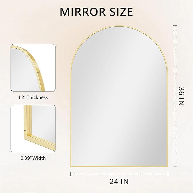 Dewfig Arched Wall-Mounted Mirror, 24"x36" Arch Bathroom Mirror, Gold Vanity Mirror for Wall Décor, Wall Mirror with Metal Frame for Bedroom, Entryway, Living Room, Brushed Gold