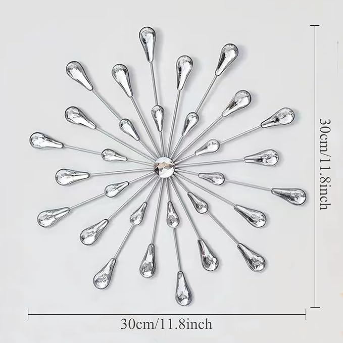 DXYAKY Set of 3 Silver Starburst Metal Wall Art Decor, 11.8 Inch Sparkling Diamond Star Jeweled Teardrop, Elegant Rhinestone Crystal Home Decor Accents, Living Room Bedroom Decorative Wall Sculpture