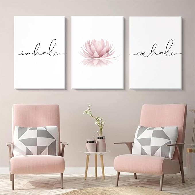 Pennclys Inhale Exhale Wall Art Zen Canvas Decor Yoga Lotus Wall Art Calming Meditation Artwork Pink Yoga Poster Zen Pictures Painting for Living Room Bedroom 16x24 Inch Ready to Hang Set of 3