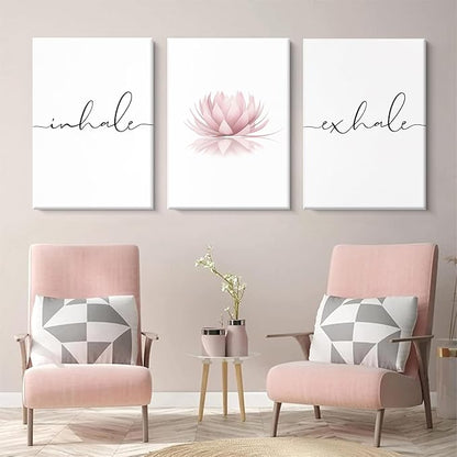 Pennclys Inhale Exhale Wall Art Zen Canvas Decor Yoga Lotus Wall Art Calming Meditation Artwork Pink Yoga Poster Zen Pictures Painting for Living Room Bedroom 24x36 Inch Ready to Hang Set of 3