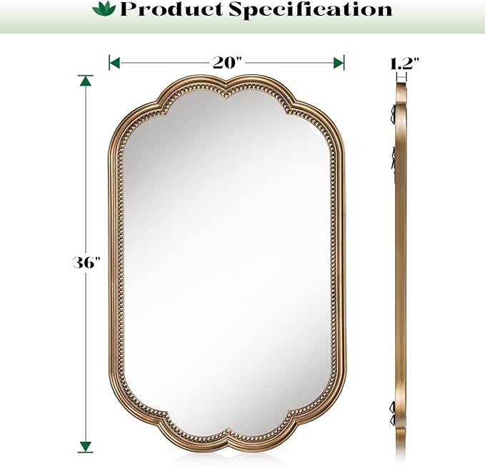 Scalloped Mirror for Bathroom, 20" x 36" Antique Wide Brass Mirror, Vintage Gold Mirrors with Beaded for Over Sink, Bedroom, Living Room, Fireplace, Entryway, Hangs Horizontally or Vertically